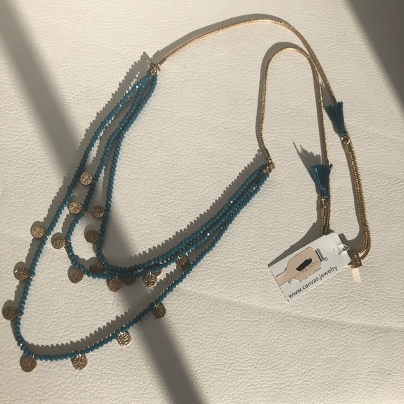 3 row teal coin gold tone Canvas necklace - Picture 4 of 8